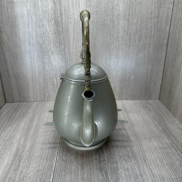 Vintage Decorative Metal Teapot with Ornate Brass Handle Hinged Lid Silver Tone - Picture 3 of 11